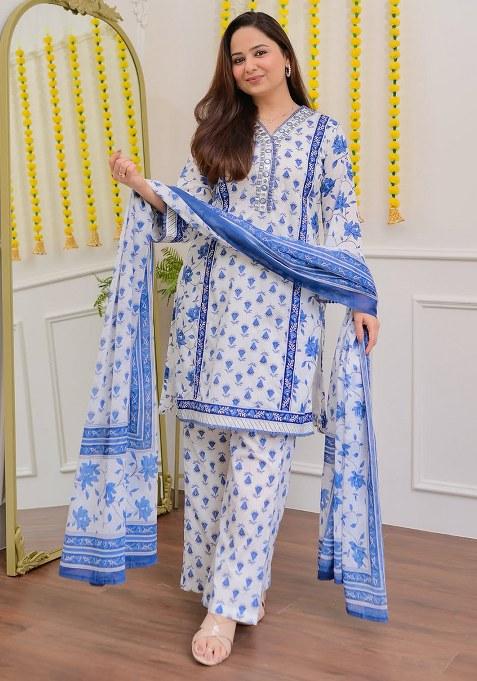 Blue Embroidery Chanderi Kurta Set