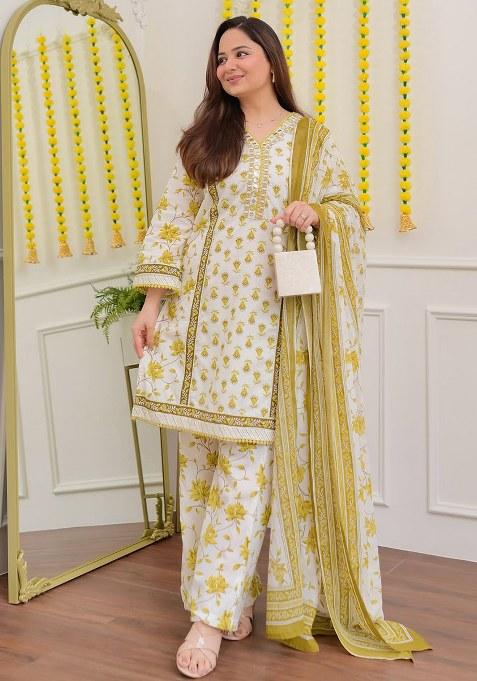 Yellow Embroidery Chanderi Kurta Set