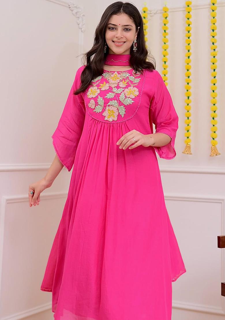 Pink Embroidery Chanderi Kurta Set - Indya
