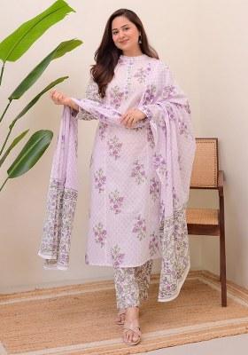 White Printed Chanderi Kurta Set