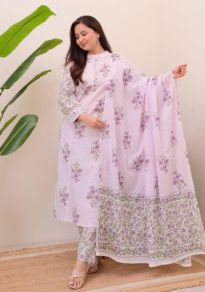 White Printed Chanderi Kurta Set - Indya