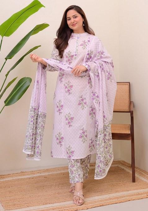 White Printed Chanderi Kurta Set