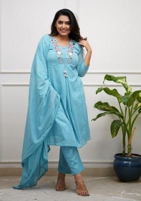 Blue Embroidery Chanderi Kurta Set