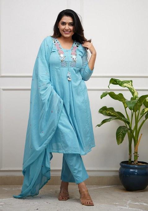 Blue Embroidery Chanderi Kurta Set