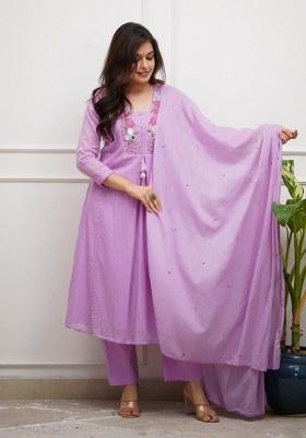 Purple Embroidery Chanderi Kurta Set