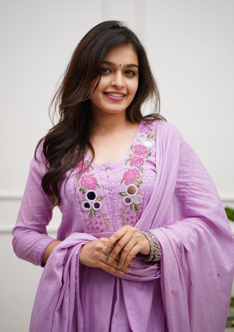 Purple Embroidery Chanderi Kurta Set - Indya