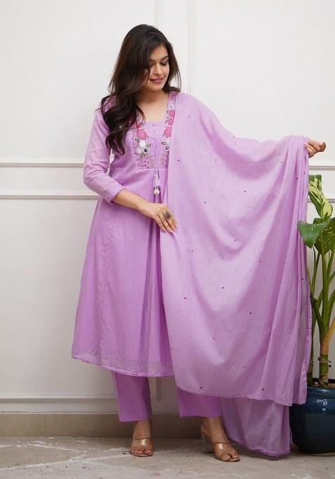 Purple Embroidery Chanderi Kurta Set