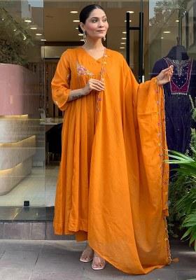 Orange Embroidery Chanderi Kurta Set