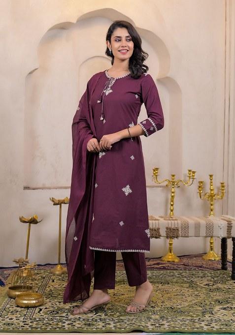 Purple Embroidery Chanderi Kurta Set