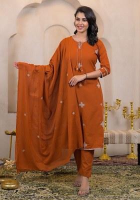 Orange Embroidery Chanderi Kurta Set
