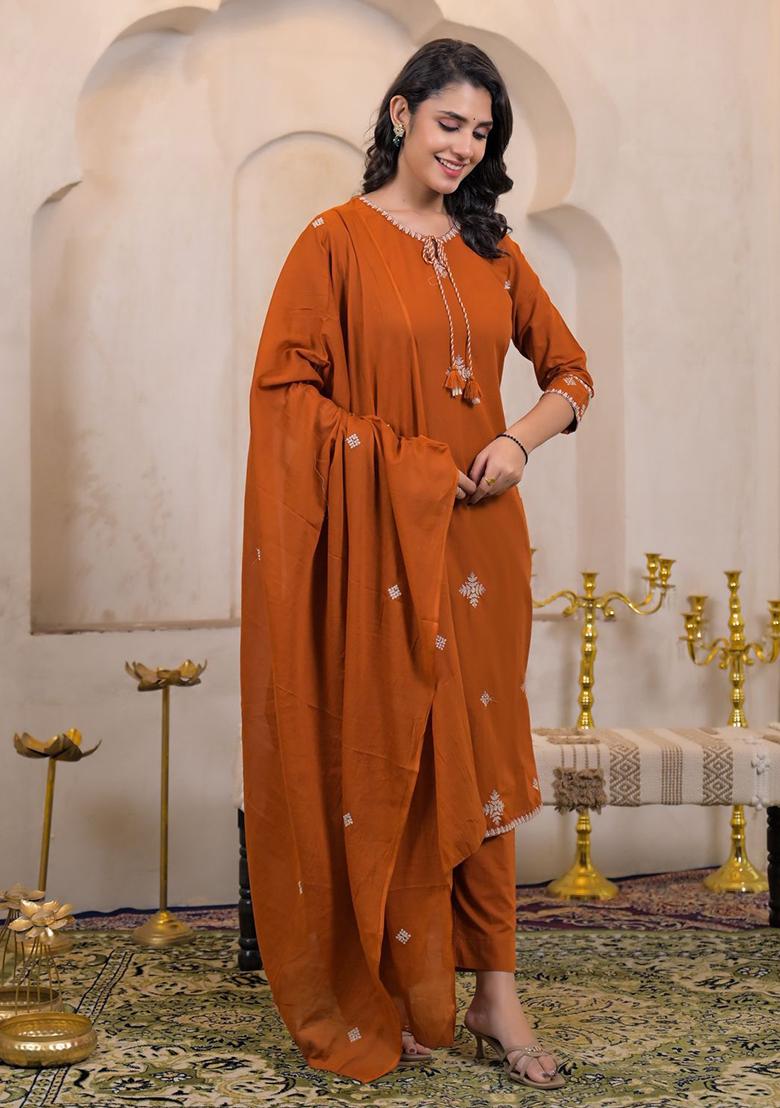 Orange Embroidery Chanderi Kurta Set - Indya