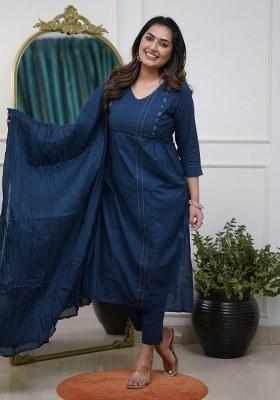 Blue Embroidery Chanderi Kurta Set