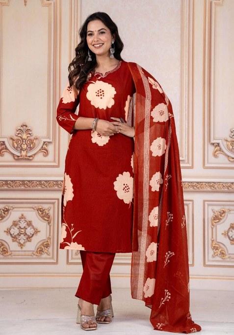 Red Embroidery Cotton Kurta Set