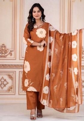 Brown Embroidery Cotton Kurta Set