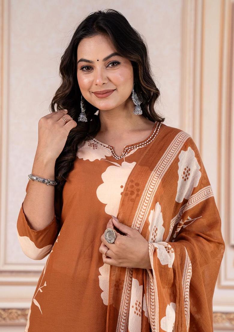 Brown Embroidery Cotton Kurta Set - Indya