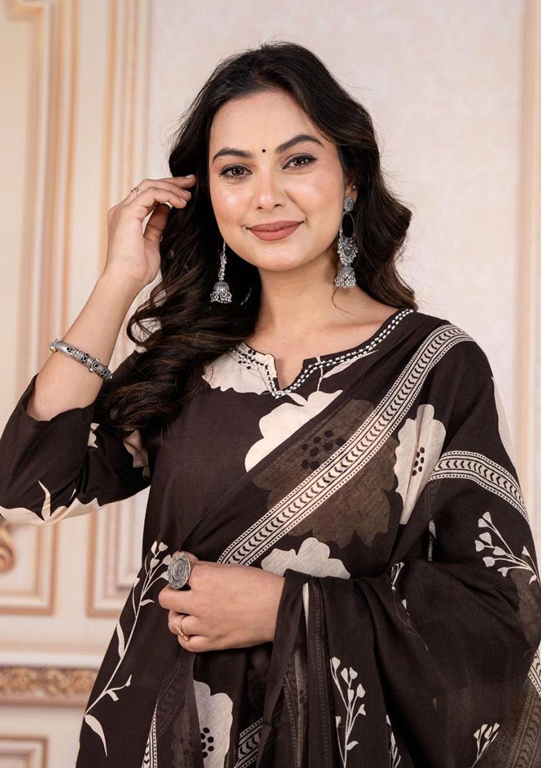 Black Embroidery Cotton Kurta Set - Indya