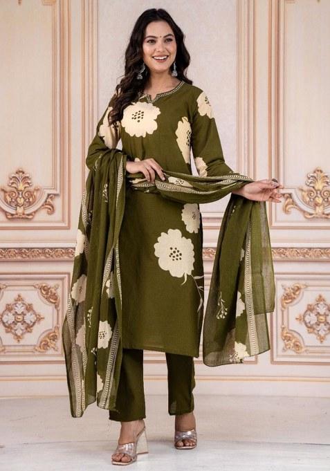 Green Embroidery Cotton Kurta Set