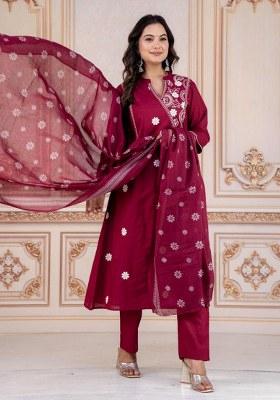 Maroon Embroidery Cotton Kurta Set