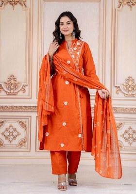 Orange Embroidery Cotton Kurta Set