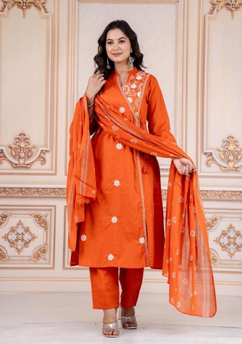 Orange Embroidery Cotton Kurta Set - Indya