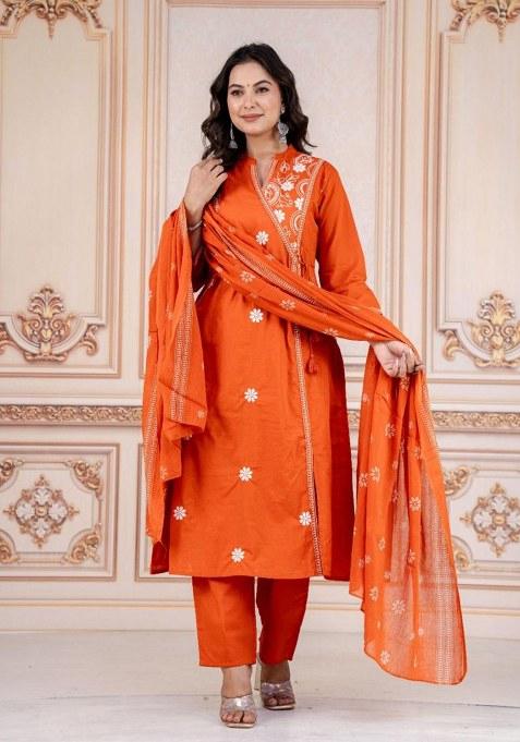 Orange Embroidery Cotton Kurta Set
