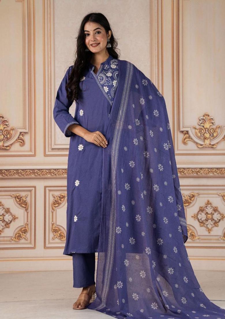 Blue Embroidery Cotton Kurta Set - Indya