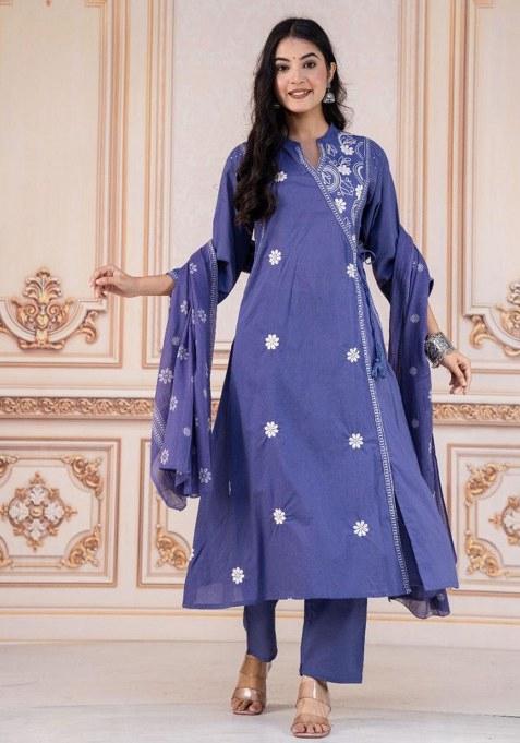 Blue Embroidery Cotton Kurta Set