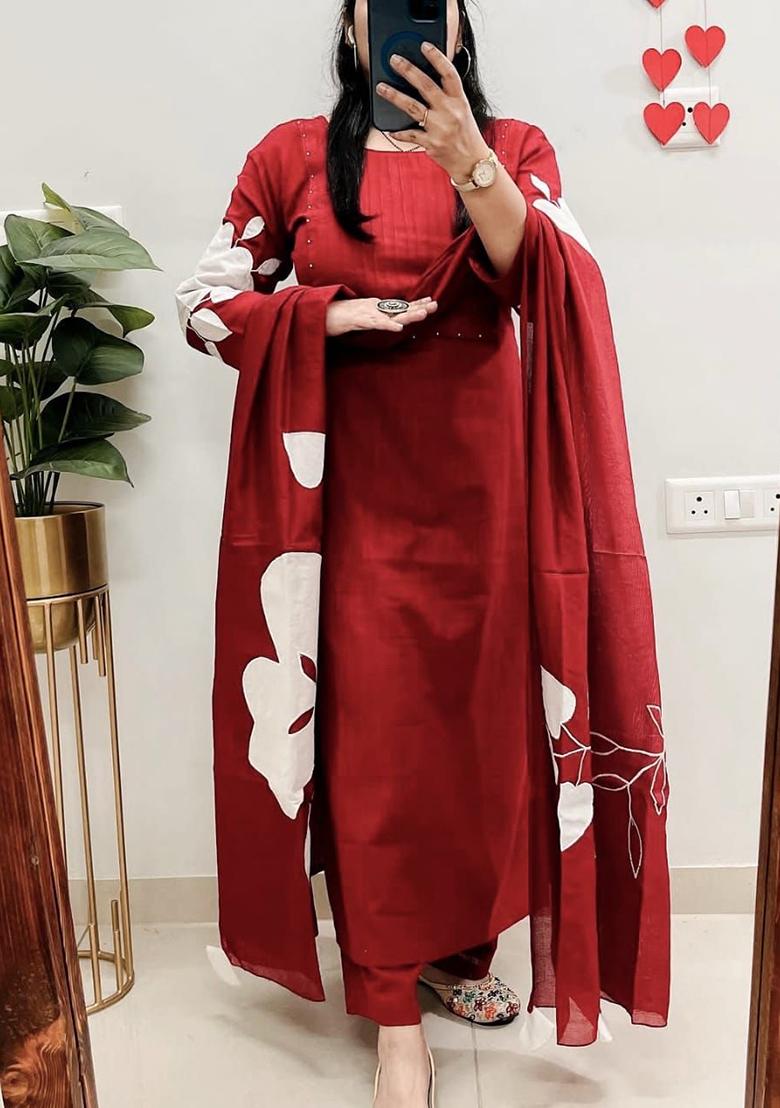 Maroon Embroidery Cotton Kurta Set - Indya