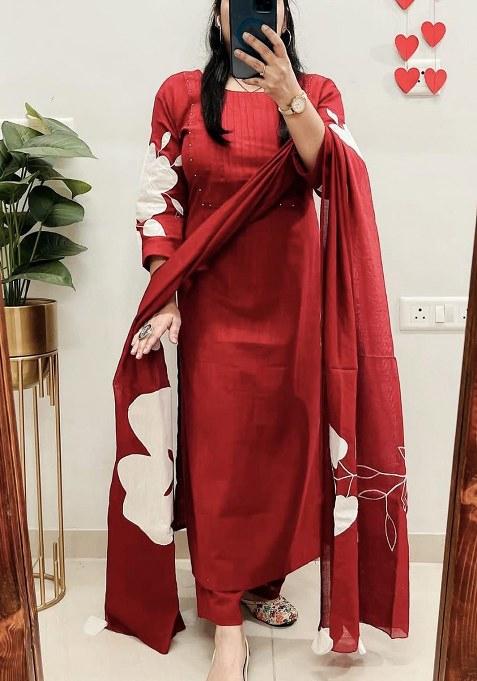 Maroon Embroidery Cotton Kurta Set