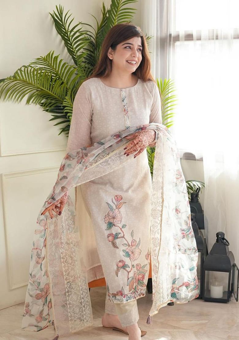 Beige Embroidery Silk Kurta Set - Indya