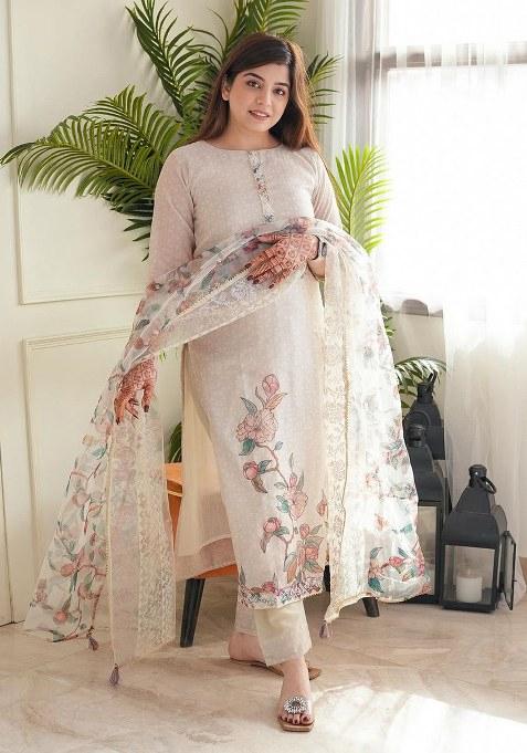 Beige Embroidery Silk Kurta Set