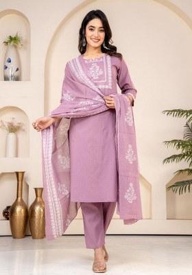 Mauve Embroidery Cotton Kurta Set