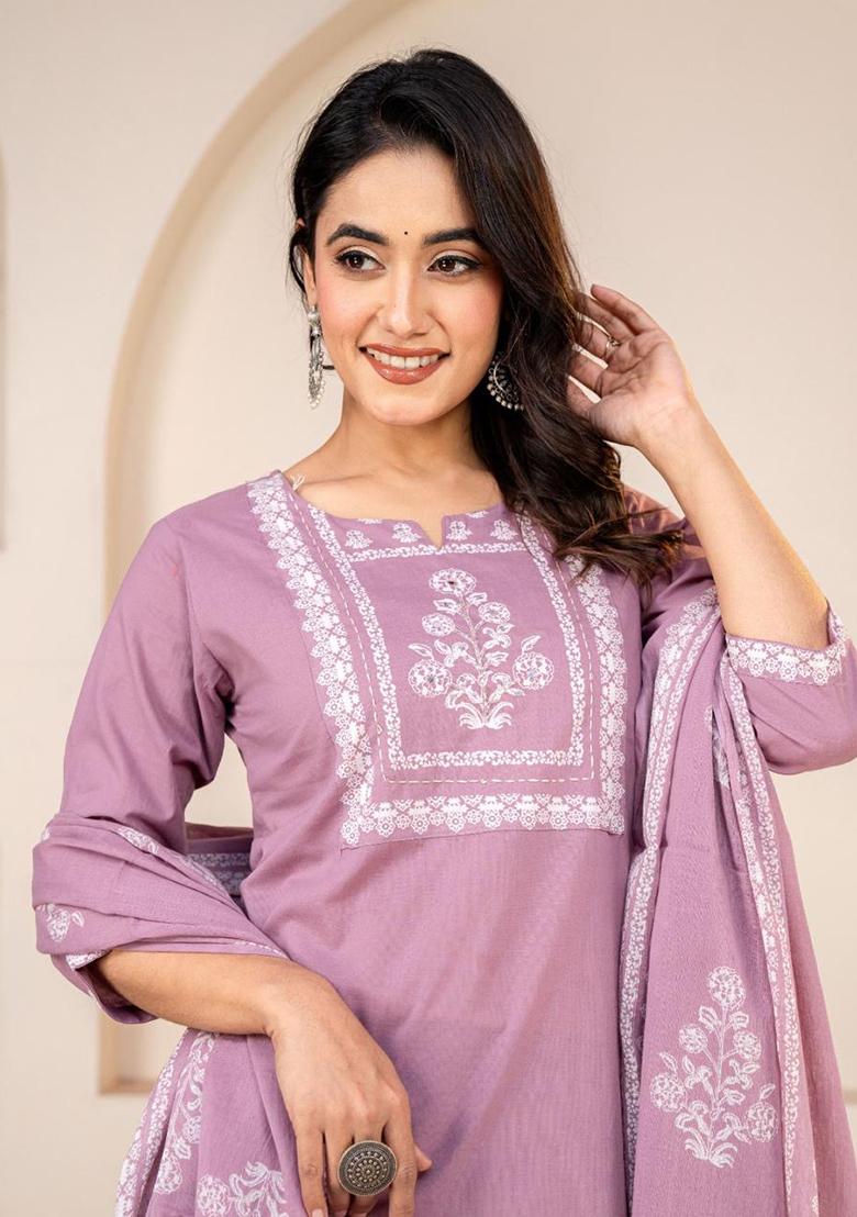 Mauve Embroidery Cotton Kurta Set - Indya