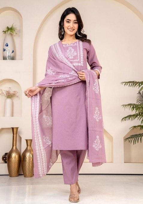Mauve Embroidery Cotton Kurta Set
