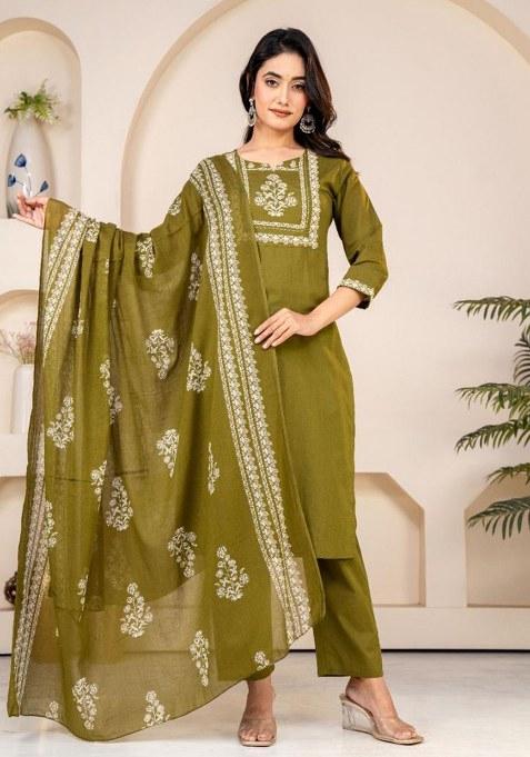Green Embroidery Cotton Kurta Set
