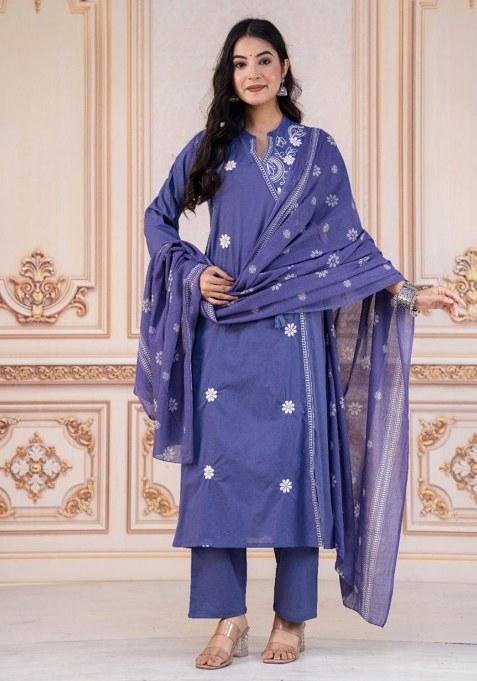 Blue Embroidery Cotton Kurta Set