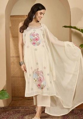 Off White Embroidery Cotton Kurta Set