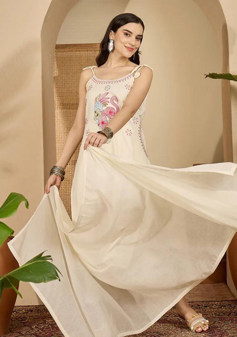 Off White Embroidery Cotton Kurta Set - Indya