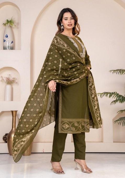 Green Embroidery Cotton Kurta Set