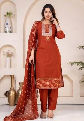 Rust Embroidery Cotton Kurta Set