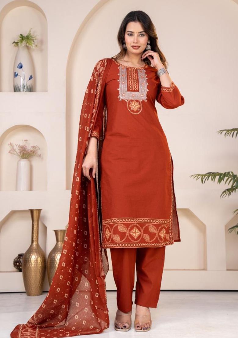 Rust Embroidery Cotton Kurta Set - Indya