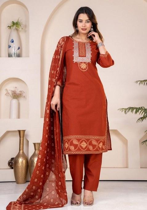 Rust Embroidery Cotton Kurta Set