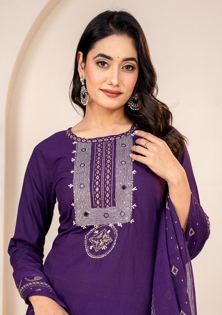 Blue Embroidery Cotton Kurta Set - Indya