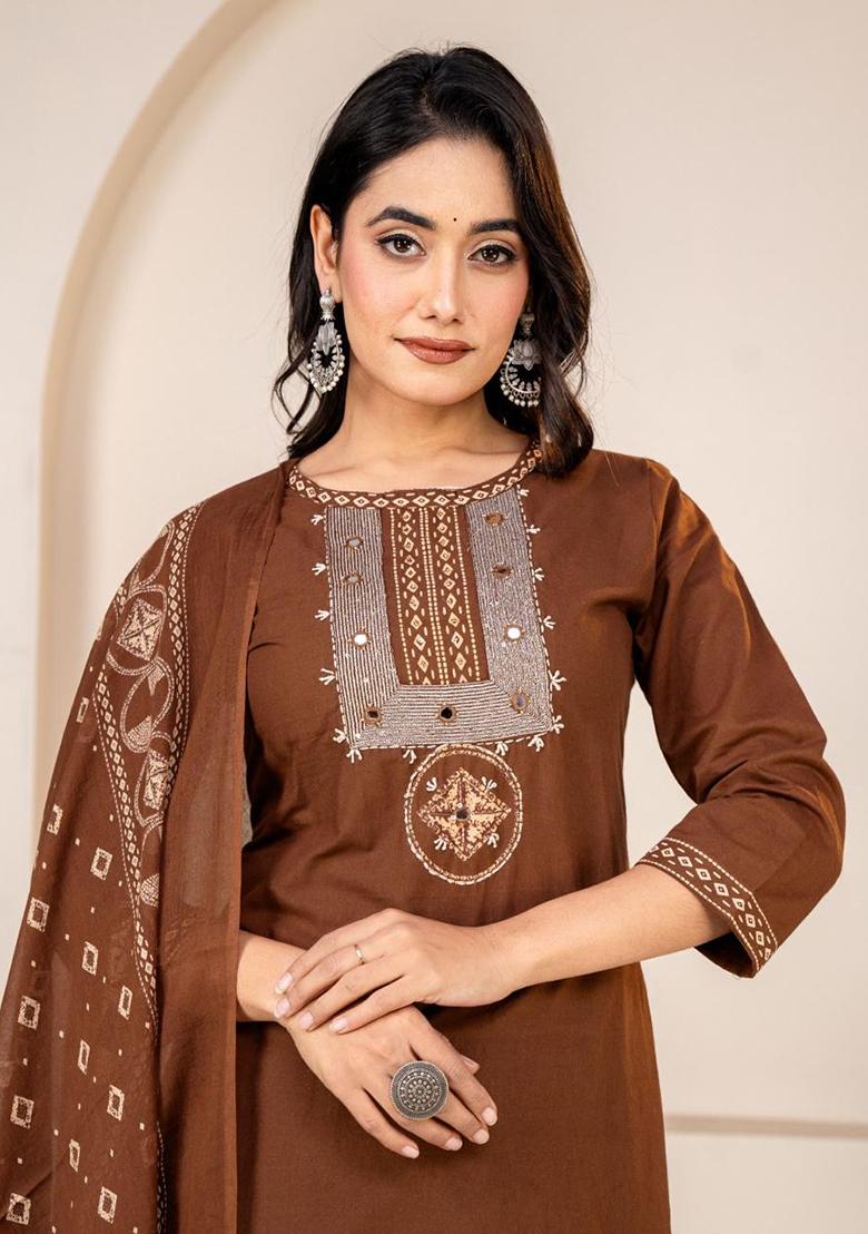 Brown Embroidery Cotton Kurta Set - Indya