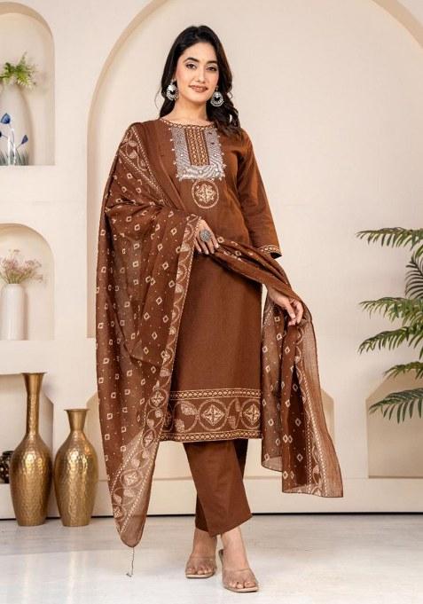 Brown Embroidery Cotton Kurta Set