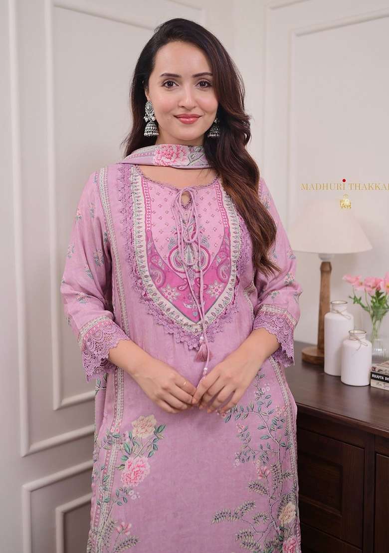 Pink Embroidery Muslin Kurta Set - Indya