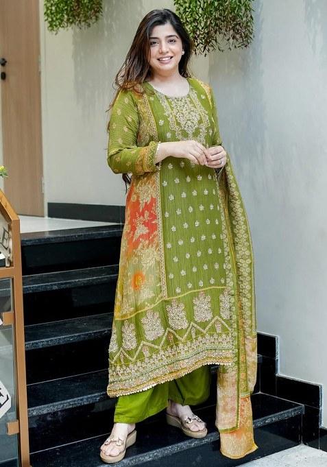 Green Embroidery Chinon Kurta Set