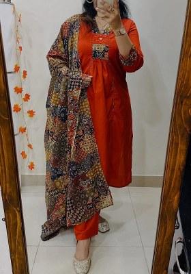 Rust Embroidery Cotton Kurta Set