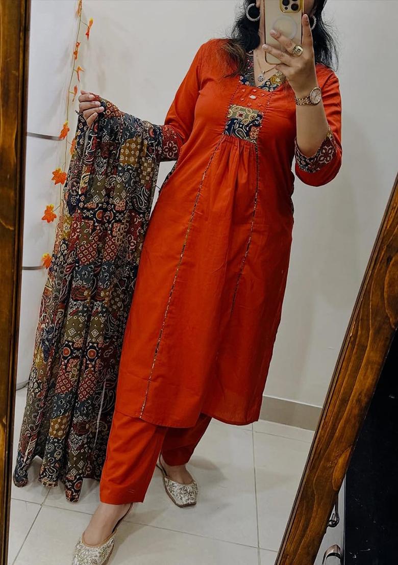 Rust Embroidery Cotton Kurta Set - Indya