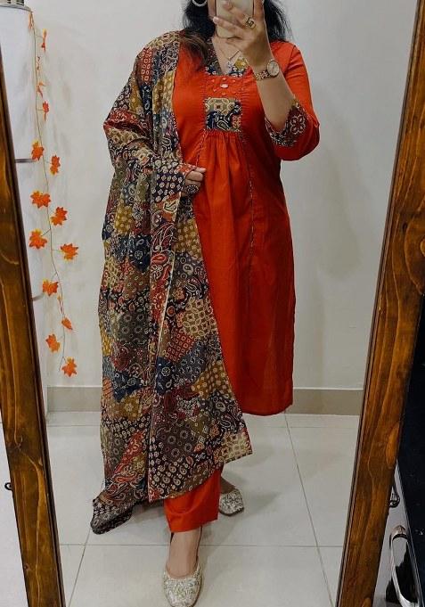 Rust Embroidery Cotton Kurta Set